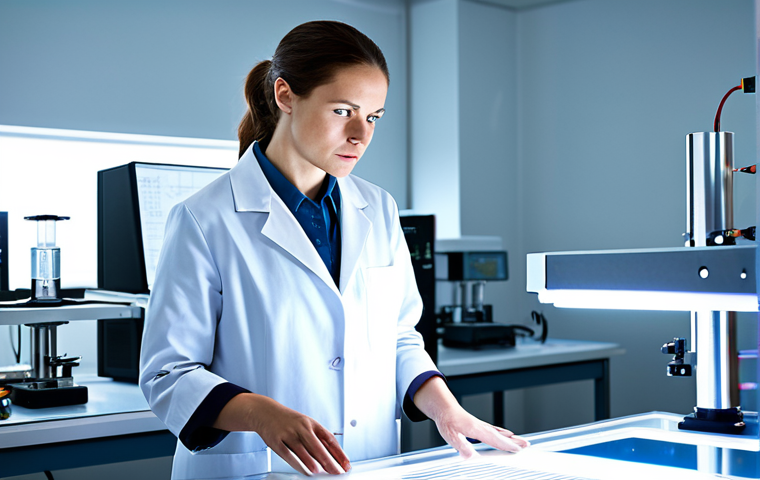 A focused, professional female quantum physicist, fully clothed in a clean, modest lab coat over a professional shirt and trousers. She stands in a brightly lit, modern research laboratory, intently observing an advanced optical table with a complex quantum experimental setup. Subtle abstract light patterns represent quantum phenomena in the background. Perfect anatomy, correct proportions, natural pose, well-formed hands, proper finger count, natural body proportions, high-resolution, professional photography, cinematic lighting, safe for work, appropriate content, fully clothed, professional dress, family-friendly.
