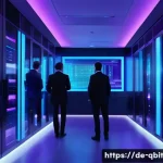Home 21 양자 암호화와 기업 보안 전략 - A high-tech corporate server room illuminated by cool blue and purple LED lighting, showcasing futur...