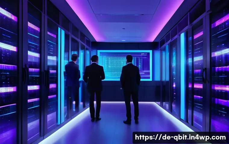 양자 암호화와 기업 보안 전략 - A high-tech corporate server room illuminated by cool blue and purple LED lighting, showcasing futur...