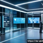 Home 20 양자 암호화의 적용 시나리오 - A futuristic German bank interior showcasing quantum cryptography in action: sleek digital terminals...