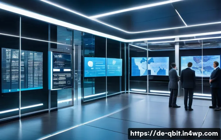 양자 암호화의 적용 시나리오 - A futuristic German bank interior showcasing quantum cryptography in action: sleek digital terminals...