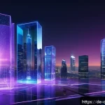 Home 19 양자 암호화의 이론적 기초 - A futuristic German cityscape at dusk, featuring sleek skyscrapers illuminated with blue and purple ...