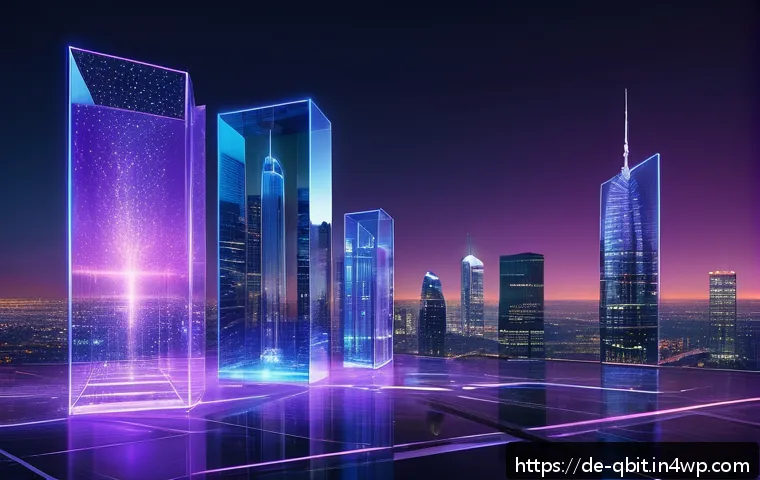 양자 암호화의 이론적 기초 - A futuristic German cityscape at dusk, featuring sleek skyscrapers illuminated with blue and purple ...