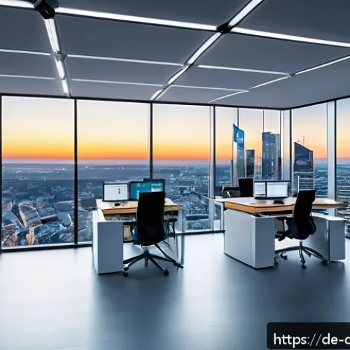 Home 17 양자 암호화의 산업별 적용 방안 - A futuristic banking office in Frankfurt, Germany, showcasing a high-tech quantum key distribution s...