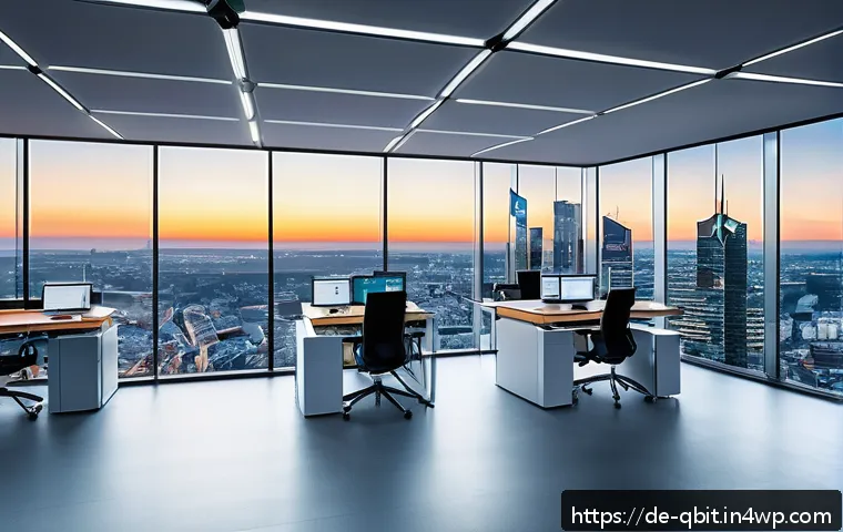 양자 암호화의 산업별 적용 방안 - A futuristic banking office in Frankfurt, Germany, showcasing a high-tech quantum key distribution s...