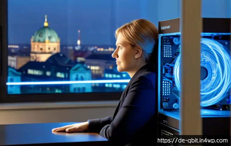 Home 17 양자 암호화의 논란과 쟁점 - Photorealistic editorial scene about quantum encryption debate: a German cybersecurity expert in a m...